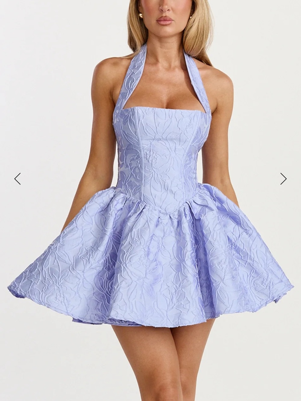 Showpo Maddy Mini Halter Floral Textured Dress in Blue